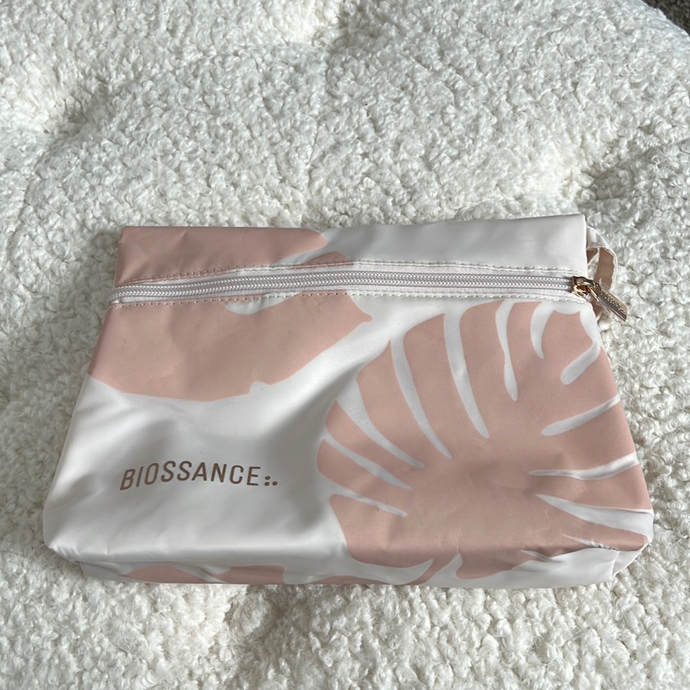 Biossance pink zippered travel cosmetic pouch with mirror in rose gold case new